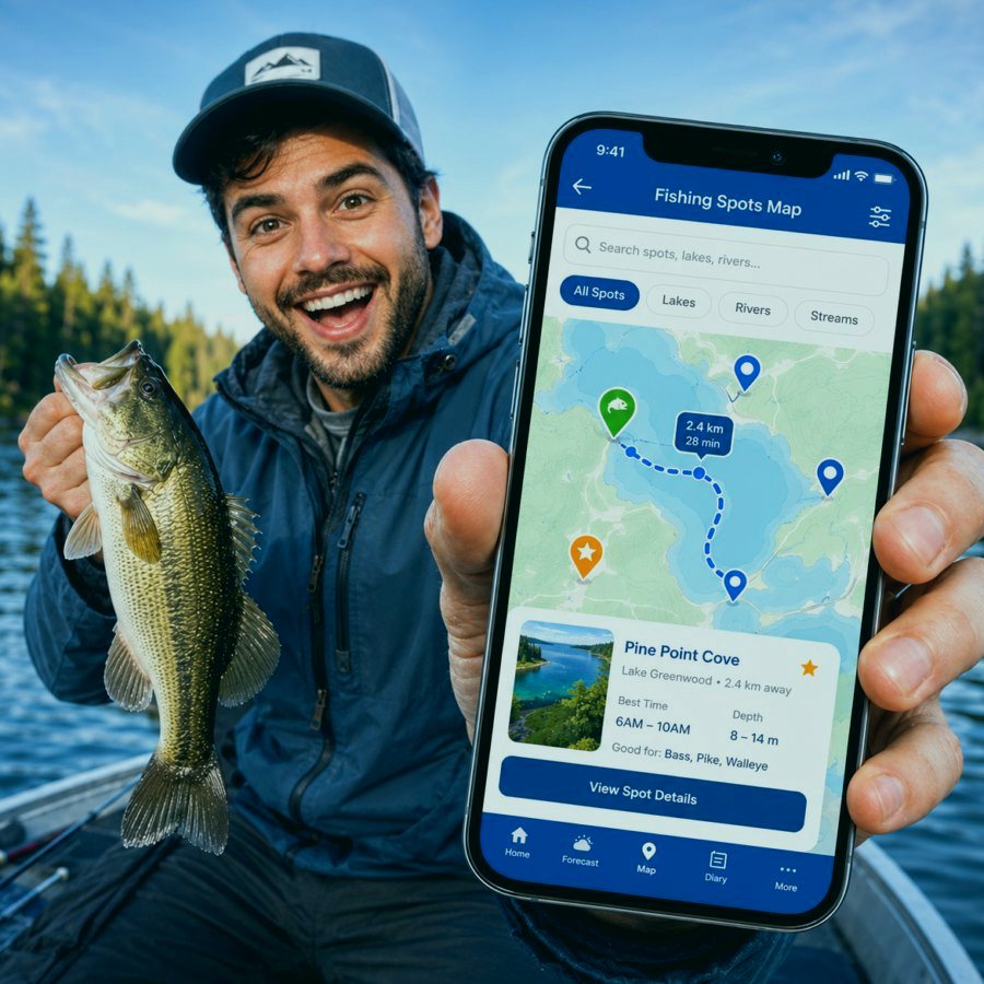 Fishing map screen with saved spots